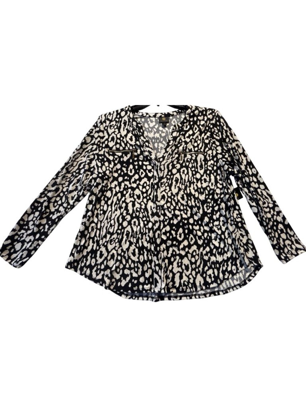 JM Collection Womens 1X Black & White Animal Print Long Sleeve Knit Top w Zipper
